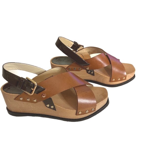Jimmy Choo 2-Tone Brown Leather, Wood & Patent Leather Wedge Stud Sandals Size 5